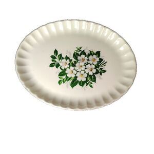 Vtg W.S. George Oval Serving Platter Half Century White Flowers 13.25 x 10 B8763